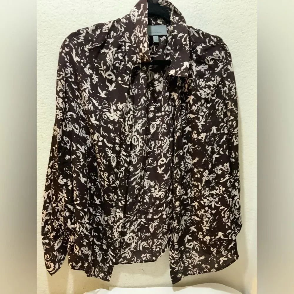 Classiques Entier Brown Cream 100% Silk Long Sleeve Blouse